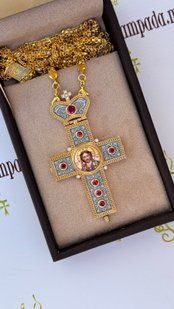 Хрест-мощовик виготовлений з срібла 925 проби, в позолоті оздоблений дорогоцінним камінням  SA239 фото
