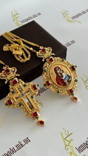 Архієрейський набір виготовлений з бронзи, в позолоті оздоблений дорогоцінним камінням цирконій  SA485 EK485 фото